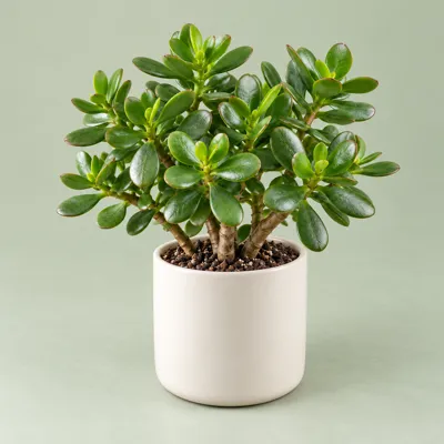 Jade plant in an ivory pot — alternate angle
